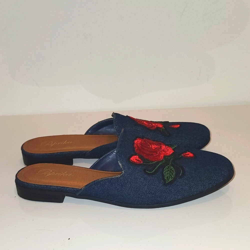 Paprika denim mules with floral Rose embroidery size US 7